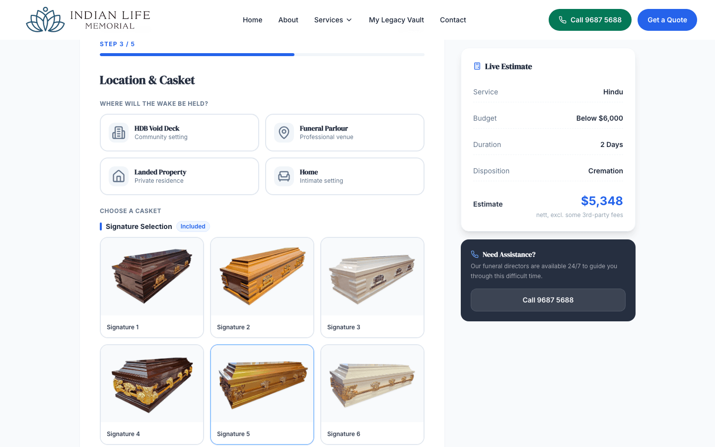Step 3 — Location & Casket selection with live estimate panel ($7,348)