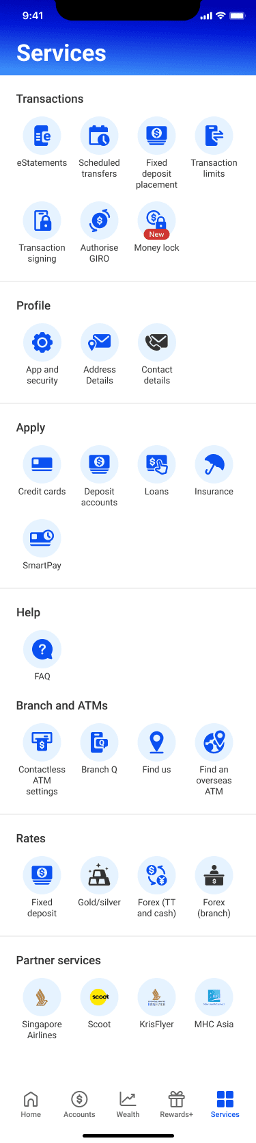 Services screen showing Money Lock entry point