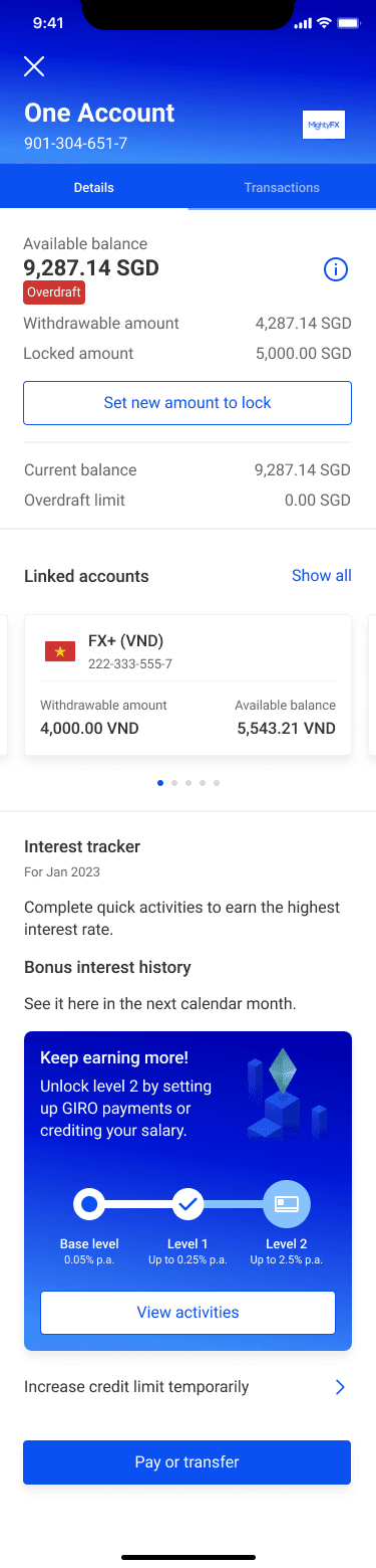 One Account details with locked amount